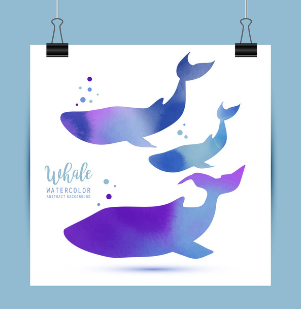 Watercolor Illustration Whales Family. Vector, isolated on white. - Vector, Imagen
