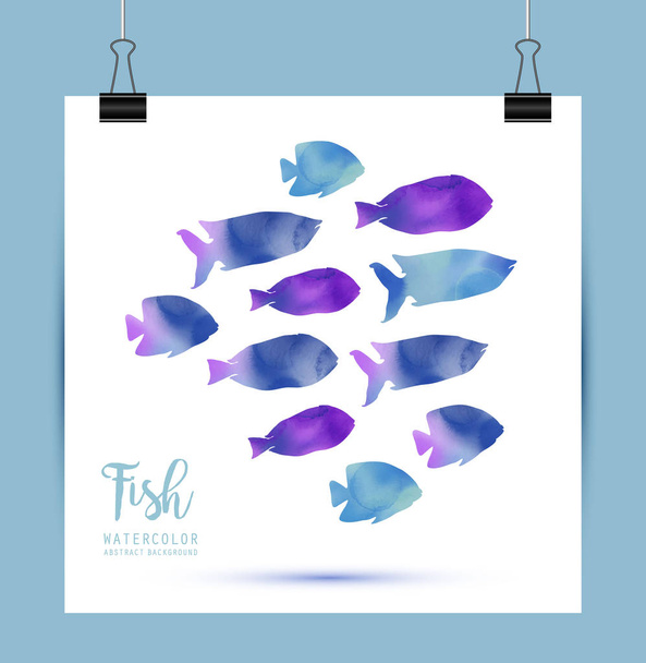 Watercolor sea blue and violet fish in vector - Διάνυσμα, εικόνα