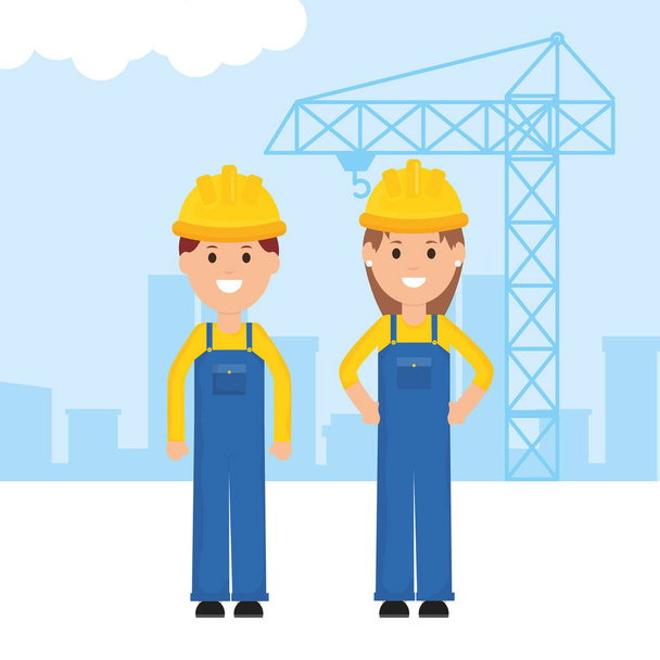 ζευγάρι οικοδόμοι εργάτες με κράνη φορέα απεικόνιση σχεδιασμού - Διάνυσμα, εικόνα