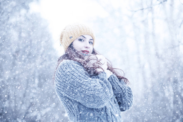 Gyönyörű lány, egy szép téli hó - Fotó, kép