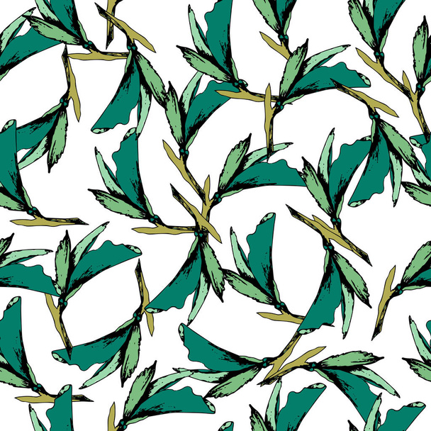Bright vintage background of green leaves. Drawn contours on a white background. Sketch. Endless texture for your design, tile and fabric. - Vector, Image