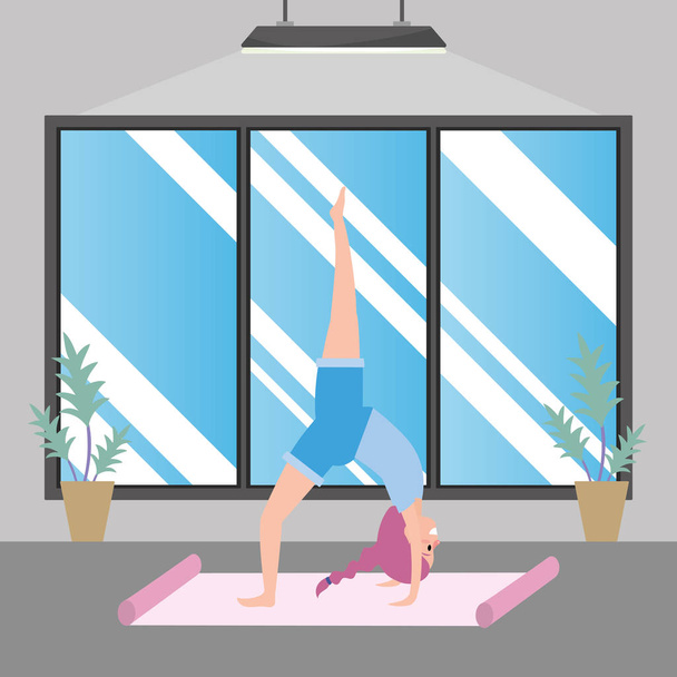 fitte Frau praktiziert Yoga im Fitnessstudio Cartoon-Vektor Illustration Grafik-Design - Vektor, Bild