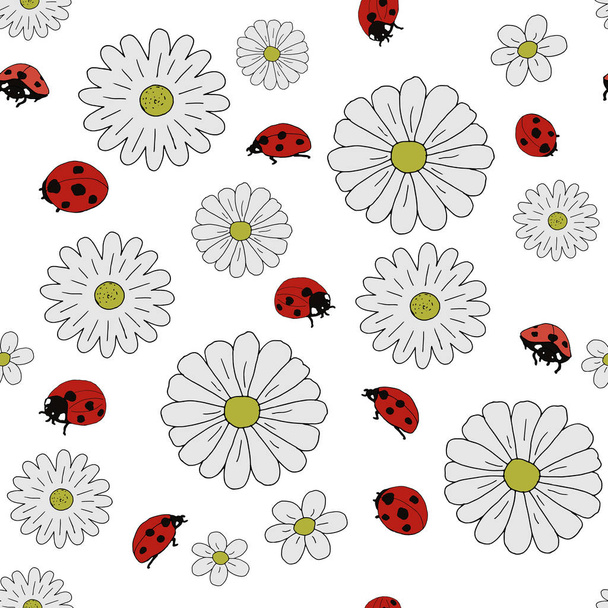 Seamless childish pattern with daisies and ladybugs. Creative modern texture for kids apparel, fabric, textile, nursery, wrapping. Vector Illustration - Wektor, obraz