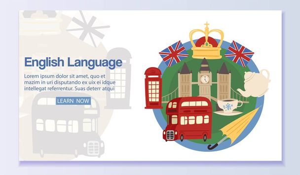 Εικονογράφηση πλαισίου σχεδίασης ιστού αγγλικής γλώσσας. Μαθαίνοντας ξένη γλώσσα σε απευθείας σύνδεση μέσω Internet Ανακαλύψτε την αγγλική κουλτούρα. Τουριστικά αξιοθέατα και σύμβολα της Μεγάλης Βρετανίας. - Διάνυσμα, εικόνα