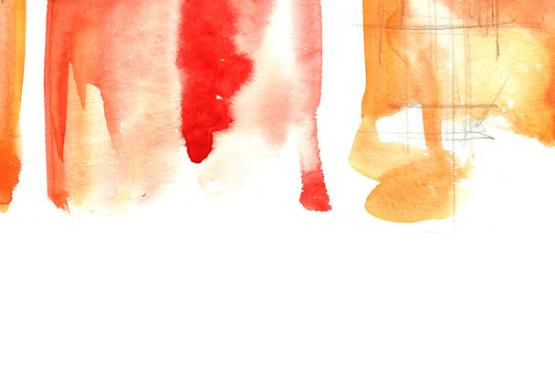 Hand painted watercolor background with red and orange stokes splashing on white paper in marble style. - Photo, Image