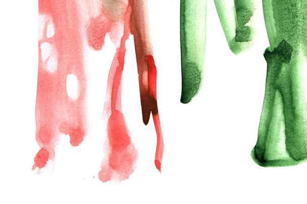 Aquarelle peinte à la main fond avec traits rouges et verts éclaboussures sur papier blanc dans le style de marbre
. - Photo, image