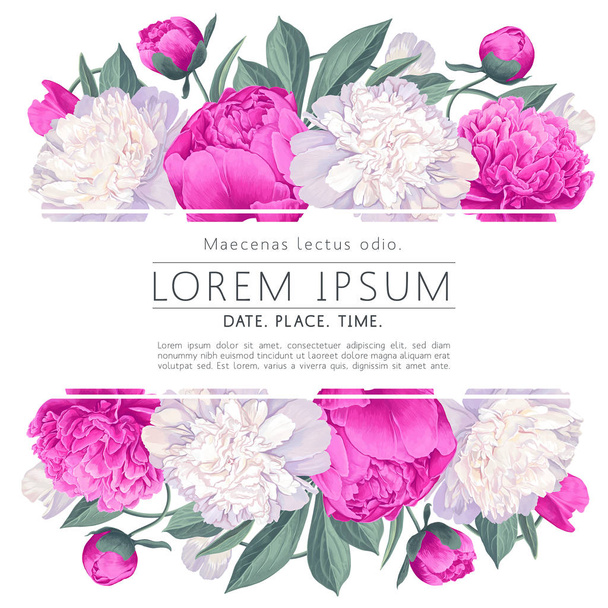 Vector illustration of a beatiful floral frame with pink peonies flowers, petals and leaves for wedding, anniversary, birthday, party. - Vector, Image
