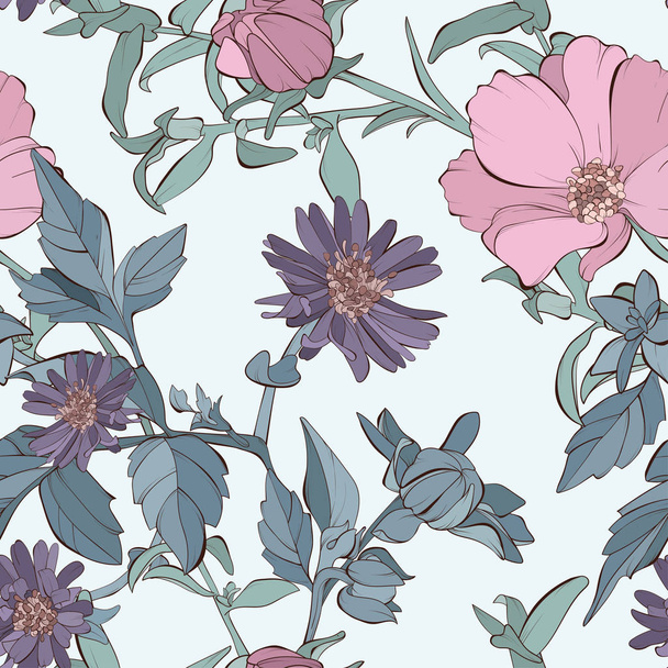 Vintage vector seamless pattern with dahlia and aster flowers and leaves. - Vector, afbeelding