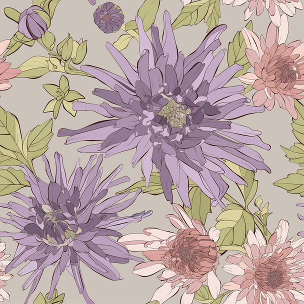 Vintage vector seamless pattern with dahlia and aster flowers and leaves. - Vector, Imagen