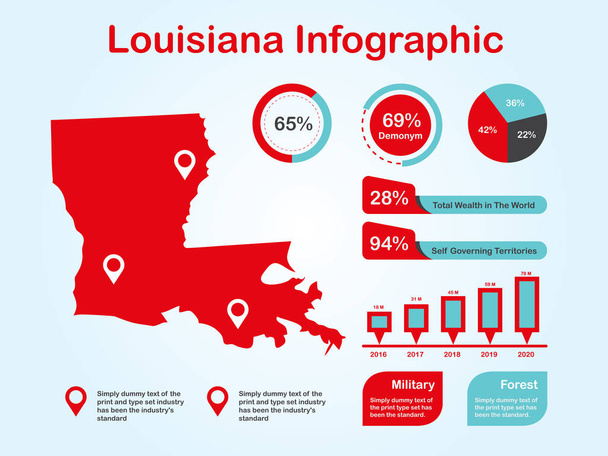 V Louisianě stát (USA) mapa s nastavením Infografických elementů v červené barvě na pozadí světla - Vektor, obrázek