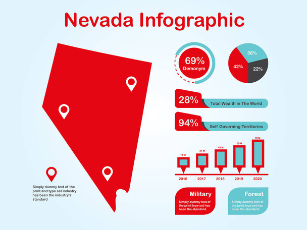 Mapa del estado de Nevada (EE.UU.) con conjunto de elementos infográficos en color rojo en fondo claro
 - Vector, Imagen
