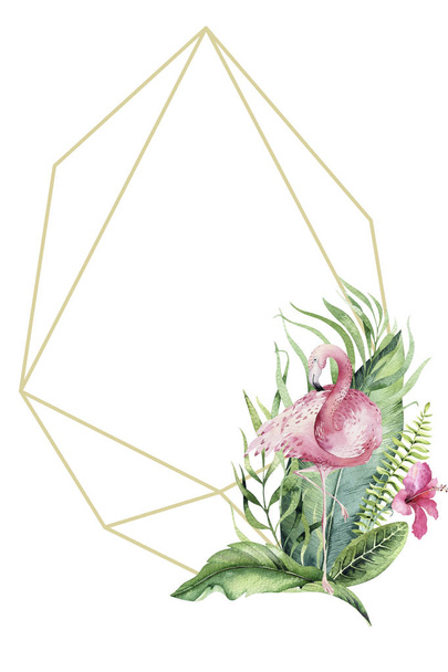 Hand drawn watercolor tropical gold florariums with flamingo. Exotic florarium frame illustrations for text, jungle exotic backgraund Perfect for wedding Aloha invitation - 写真・画像