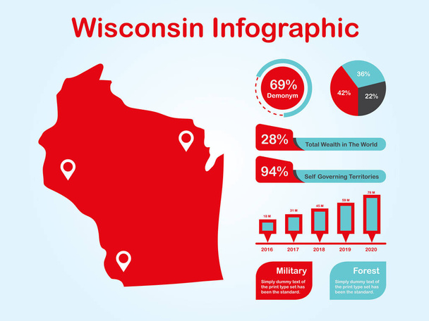 Wisconsin State (Estados Unidos) Mapa com conjunto de elementos infográficos na cor vermelha em fundo claro
 - Vetor, Imagem