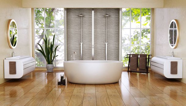 3D illusztráció modern fürdőszoba nagy ovális fürdő és dupla zuhany természetes fény nagy ablakok és polírozott fényes barna fa deszka padló   - Fotó, kép