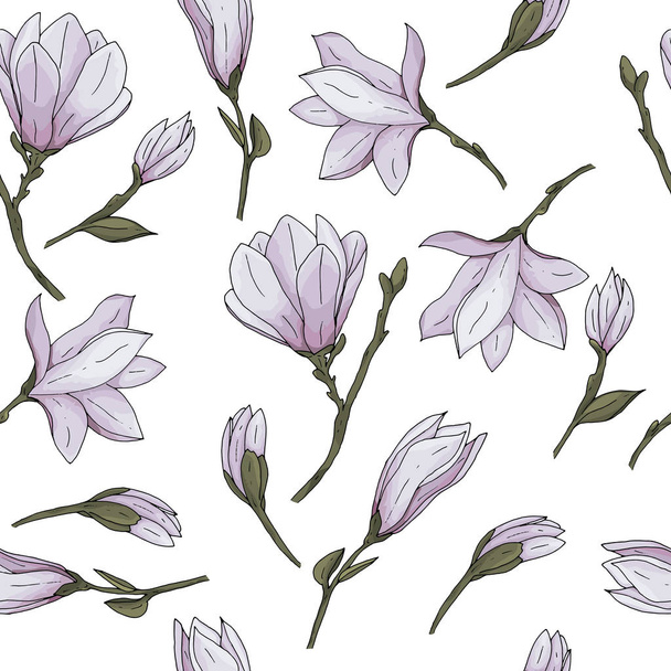 Seamless pattern with hand drawn magnolia flower with branches and leaves vector illustration - Vector, Imagen