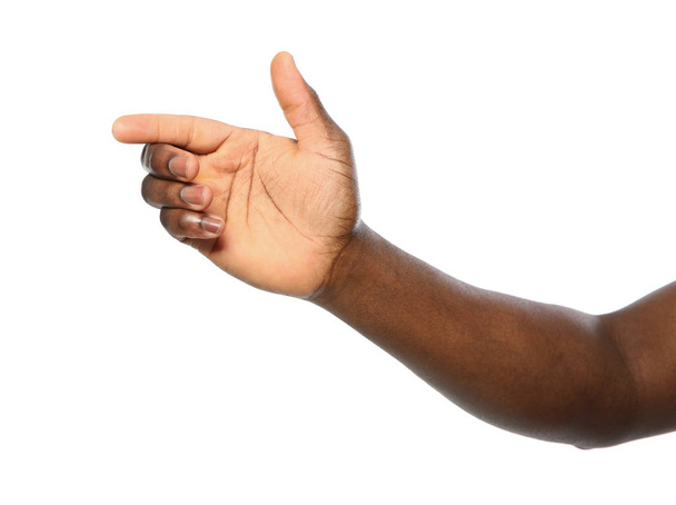 African-American man extending hand for shake on white background, closeup - Fotoğraf, Görsel