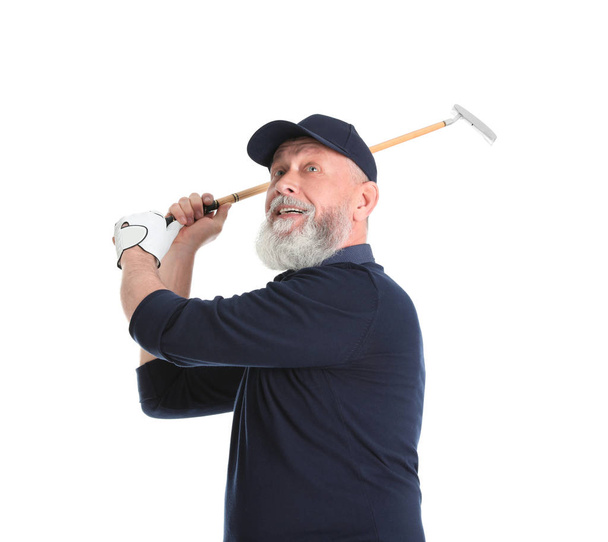Senior man playing golf on white background - Zdjęcie, obraz