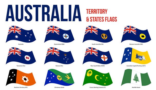 Αυστραλία όλα τα κράτη και εδάφη σημαίες κυματιστό διάνυσμα απεικόνιση σε λευκό φόντο - Διάνυσμα, εικόνα