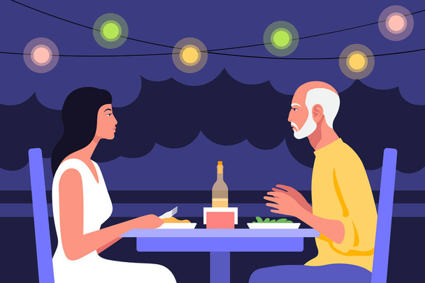 Een oudere man en een jonge vrouw zitten aan de tafel in het profiel. Datum en zakelijke bijeenkomst in een café. Zomeravond in een restaurant op straat. Vector platte illustratie - Vector, afbeelding