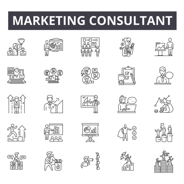 Marketing Consultant koncepció vonal ikonok, jelek, vektorkészlet, lineáris koncepció, vázlat illusztráció - Vektor, kép