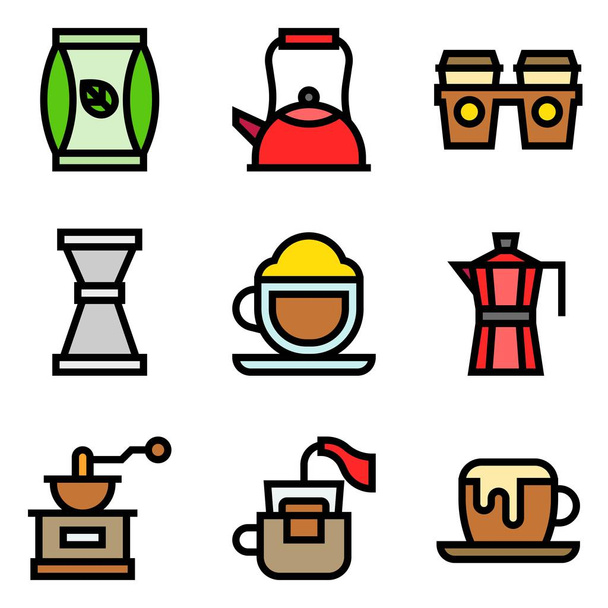 Sada ikon souvisejících s kávou, vyplněný styl upravitelný obrys - Vektor, obrázek