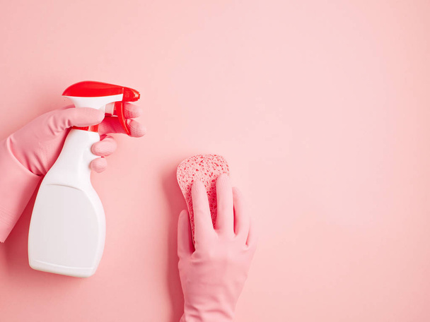 Detergents and cleaning accessories in pastel color. - Fotoğraf, Görsel