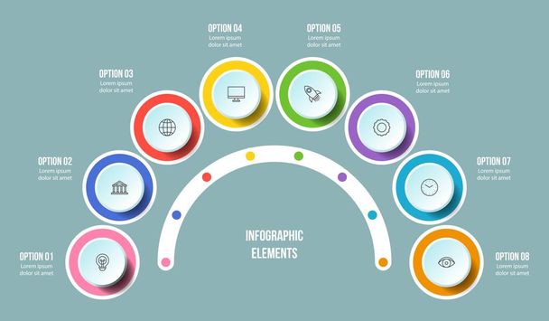 Half Circle chart, Timeline infographic templates with 8 steps - Vector, Image