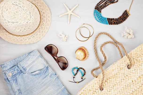 Summer vacation, travel, tourism concept flat lay. Beach, countryside, casual urban accessories top view  - Photo, Image