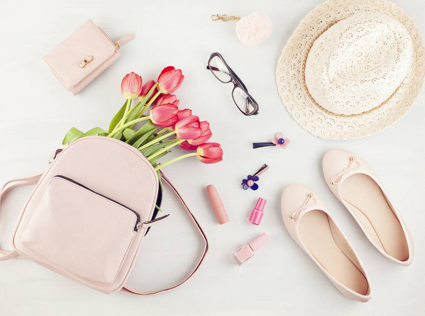 Flat lay with girls spring summer accessories in pink pastel ton - Photo, Image