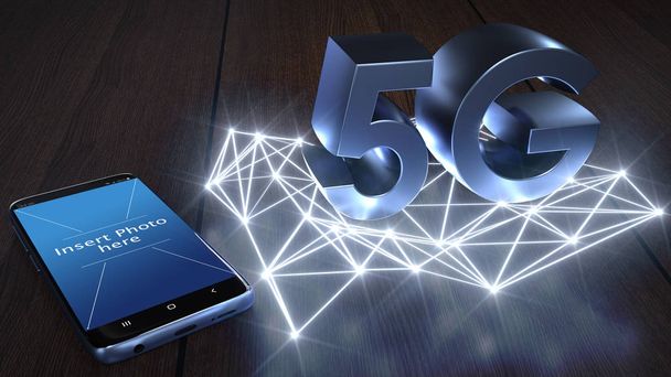 Blue geïsoleerde mobiele smartphone met 5g High Speed Internet netwerkcommunicatie, het leggen op een houten Wenge vloer boven sprankelende stralen van licht 3D rendering. Nieuwe wereldwijde draadloze WiFi-verbinding. - Foto, afbeelding