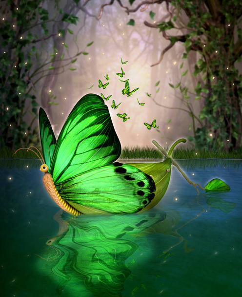 Forme magique de papillon de bateau d'artisanat d'eau de forêt sauvage de fée
 - Photo, image