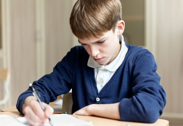Diligent student sitting at desk, classroom - Φωτογραφία, εικόνα
