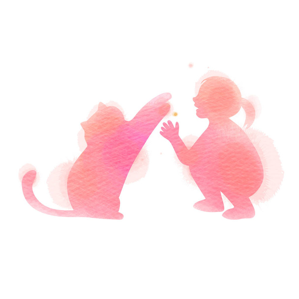 Fille jouant avec la silhouette de chat sur fond aquarelle. Le c
 - Vecteur, image