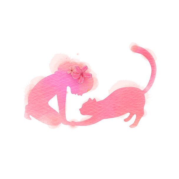 水彩画の背景に猫のシルエットで遊ぶ女の子。C - ベクター画像