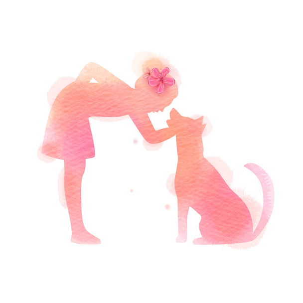 Tyttö leikkii koiran siluetti akvarellitaustalla. 1 artikla
  - Vektori, kuva