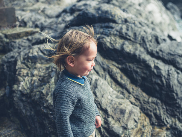 Egy kis kisgyermek áll néhány sziklák a tengerparton - Fotó, kép