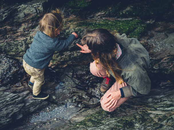 A young mother and her toddler are exploring the rocks on the beach - Photo, Image