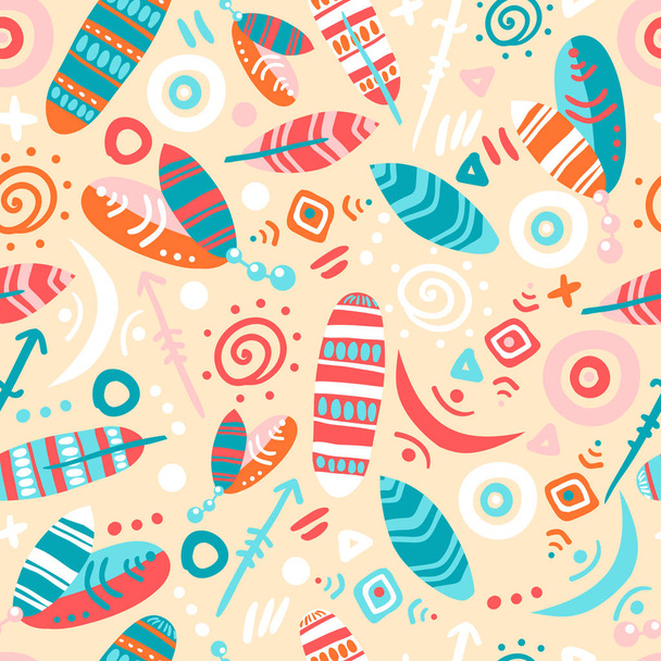 Seamless pattern with ornate feathers, arrows and folk decorativ - Vector, imagen