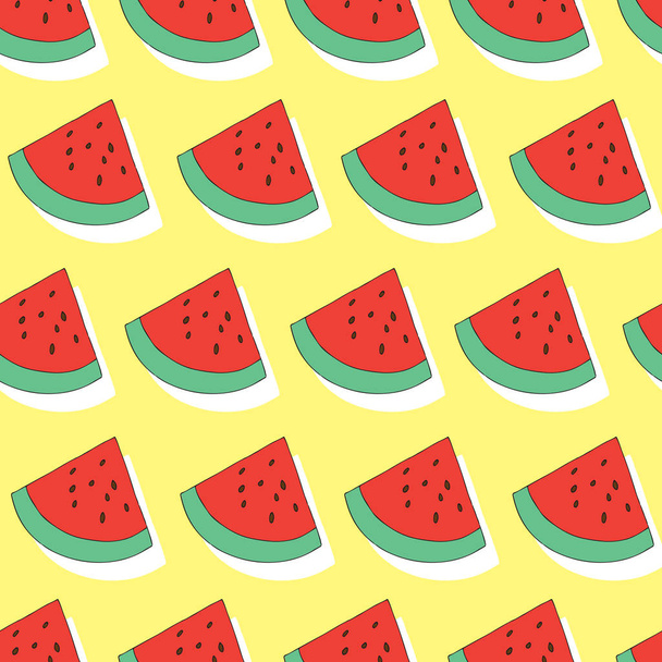 Watermelon seamless pattern on yellow background. summer fruit background illustration - Vector, imagen
