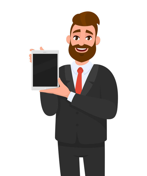 トレンディなあごひげのビジネスマンは、手にデジタルタブレットコンピュータの空白の画面を表示/保持しています。ミレニアル世代の若者が提示/新しいデジタルパッドからのアプリケーション、アプリを紹介します。現代技術の概念. - ベクター画像