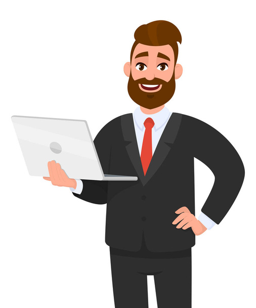 Smiling young business man holding/showing a latest brand new laptop computer device, holding hand on hip. Modern lifestyle, digital technology trend, gadget, human emotions concept in cartoon. - Vector, Image