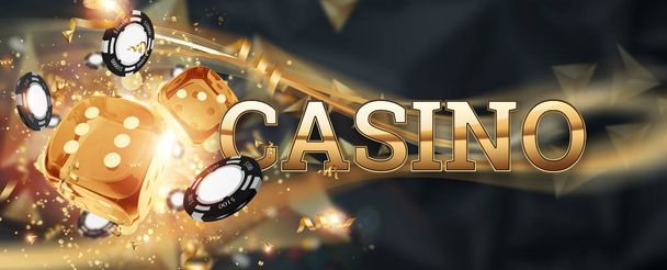 Creative background, inscription casino, roulette, gambling dice, cards, casino chips on a dark background. The concept of gambling, casino, winnings, Vegas Games. 3D render, 3D illustration. - Фото, изображение