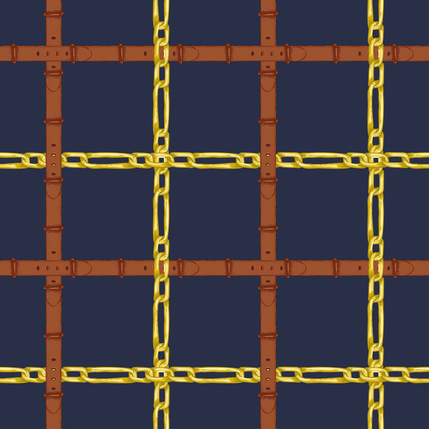 Seamless pattern with realistic hand drawn golden chains and brown leather belt Doodle sketch on dark blue background Square luxury ornament for fabric fashion design, web banner - Vektör, Görsel