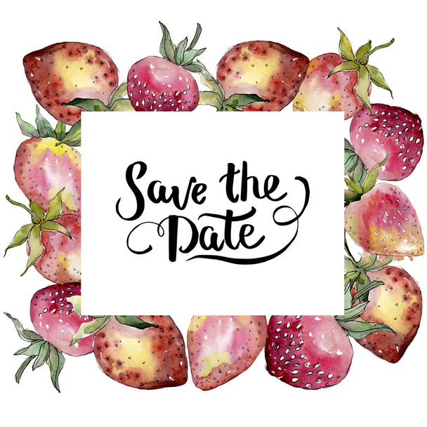 Strawberry healthy food. Watercolor background illustration set. Frame border ornament square. - Фото, изображение