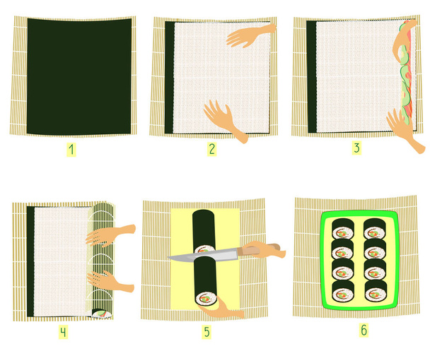 Preparação de sushi em quadros. Instruções passo-a-passo. Faça você mesmo Cozinha Nacional Japonesa. Rolos de frutos do mar e arroz. Ilustração vetorial
. - Vetor, Imagem