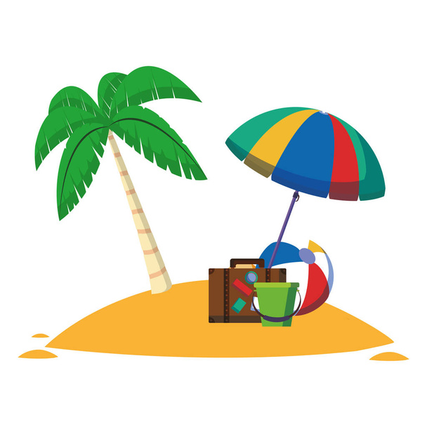 Playa con bola de viaje maleta y paraguas con el vector de cubo de arena ilustración diseño gráfico
 - Vector, Imagen