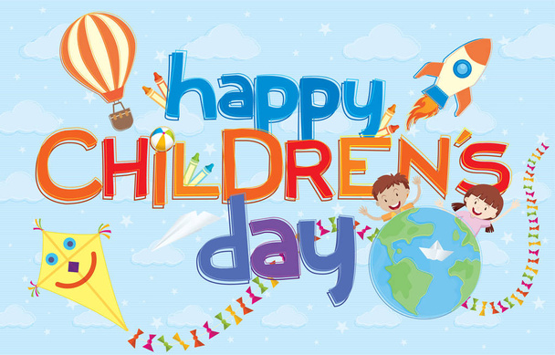 Happy Children's Day greeting card. Colorful letters surrounded by aerostatic balloon, comet, rocket, crayons and two children behind a world on a background of sky with clouds. Vector image - Vetor, Imagem