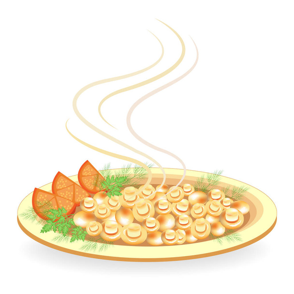 Smažené houby žampiony na talíři. Přezdobte rajčata, kopr a petržel. Výborné a zdravé jídlo. Vektorová ilustrace - Vektor, obrázek