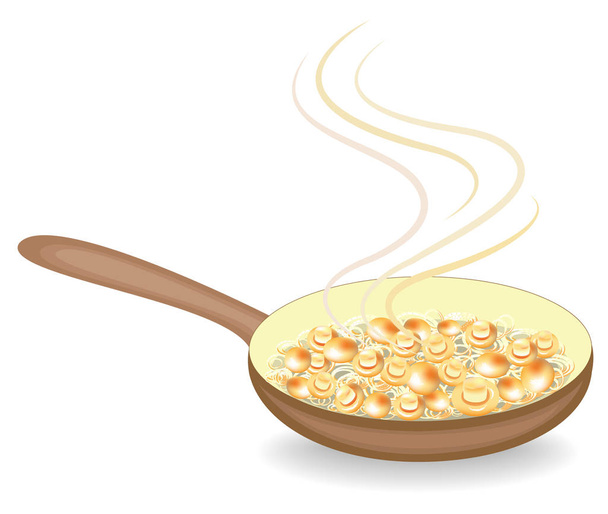 玉ねぎのキノコはフライパンで揚げられます。シャンピニョンは、多くの料理のためにおいしい、食事と栄養価の高いガーニッシュです。ベクトルイラスト - ベクター画像