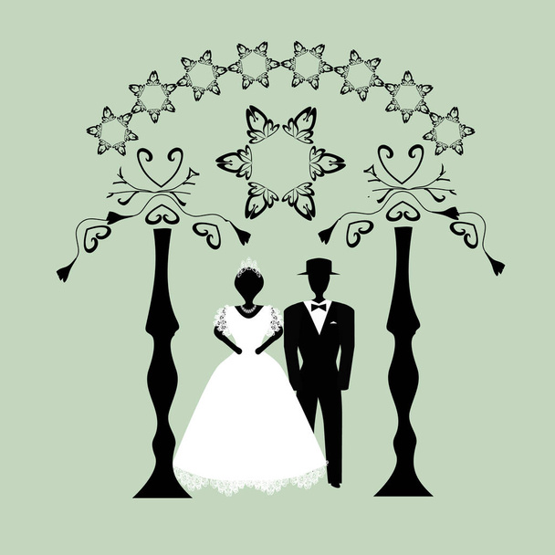 Grafica vintage Chuppah. Baldacchino religioso ebraico per il matrimonio. Sposa e sposo. Piatto. Illustrazione vettoriale su sfondo isolato
 - Vettoriali, immagini